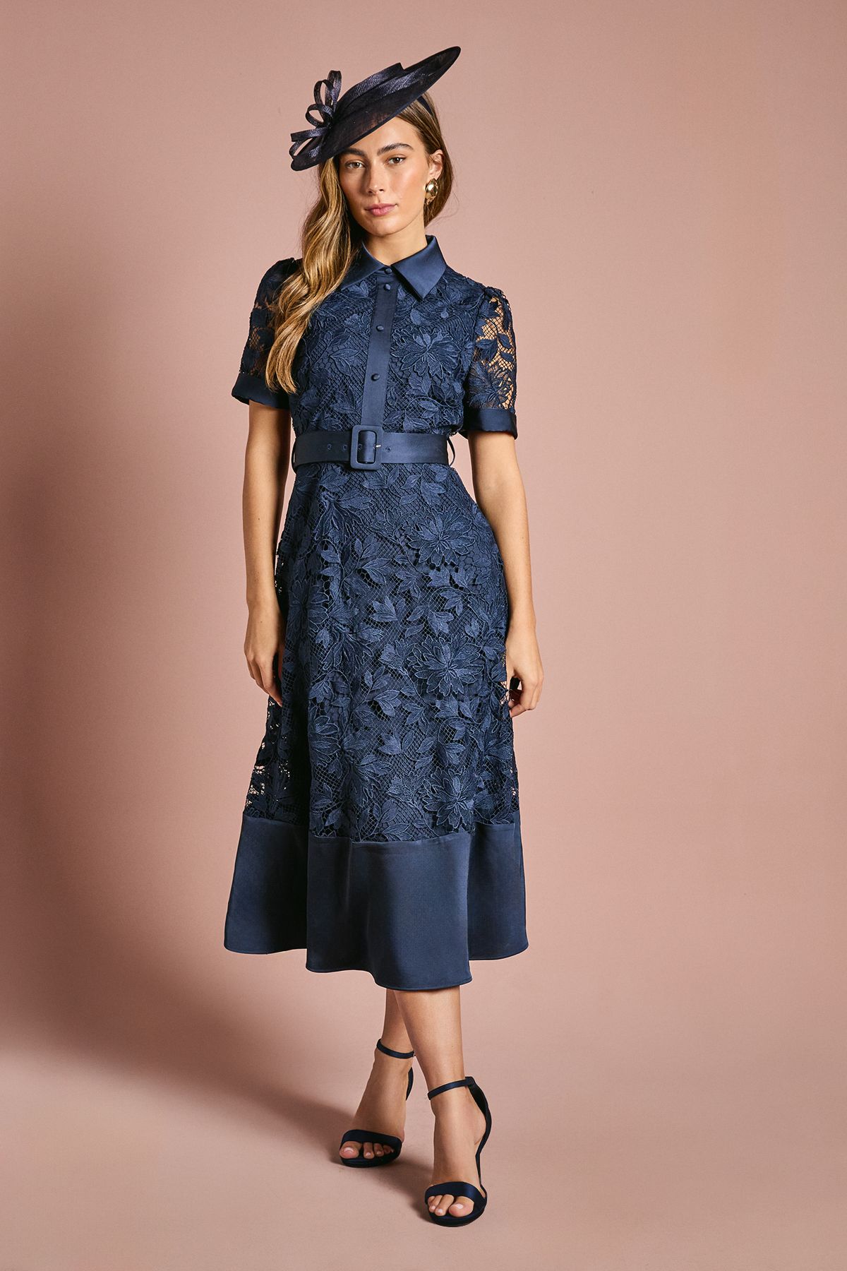 Coast Satin Trim Lace Shirt Midi Dress Dusty Blue