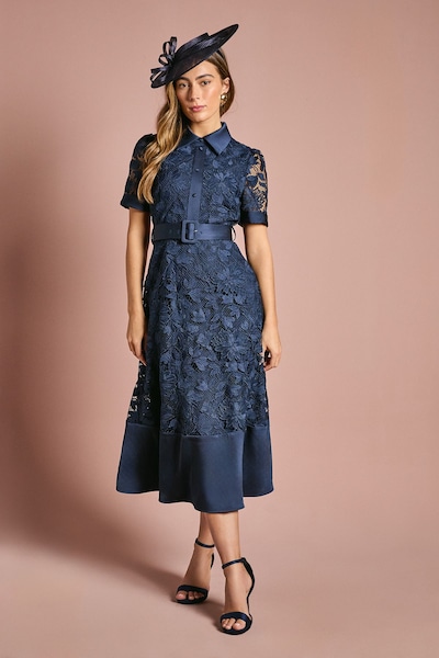 Coast Satin Trim Lace Shirt Midi Dress Dusty Blue