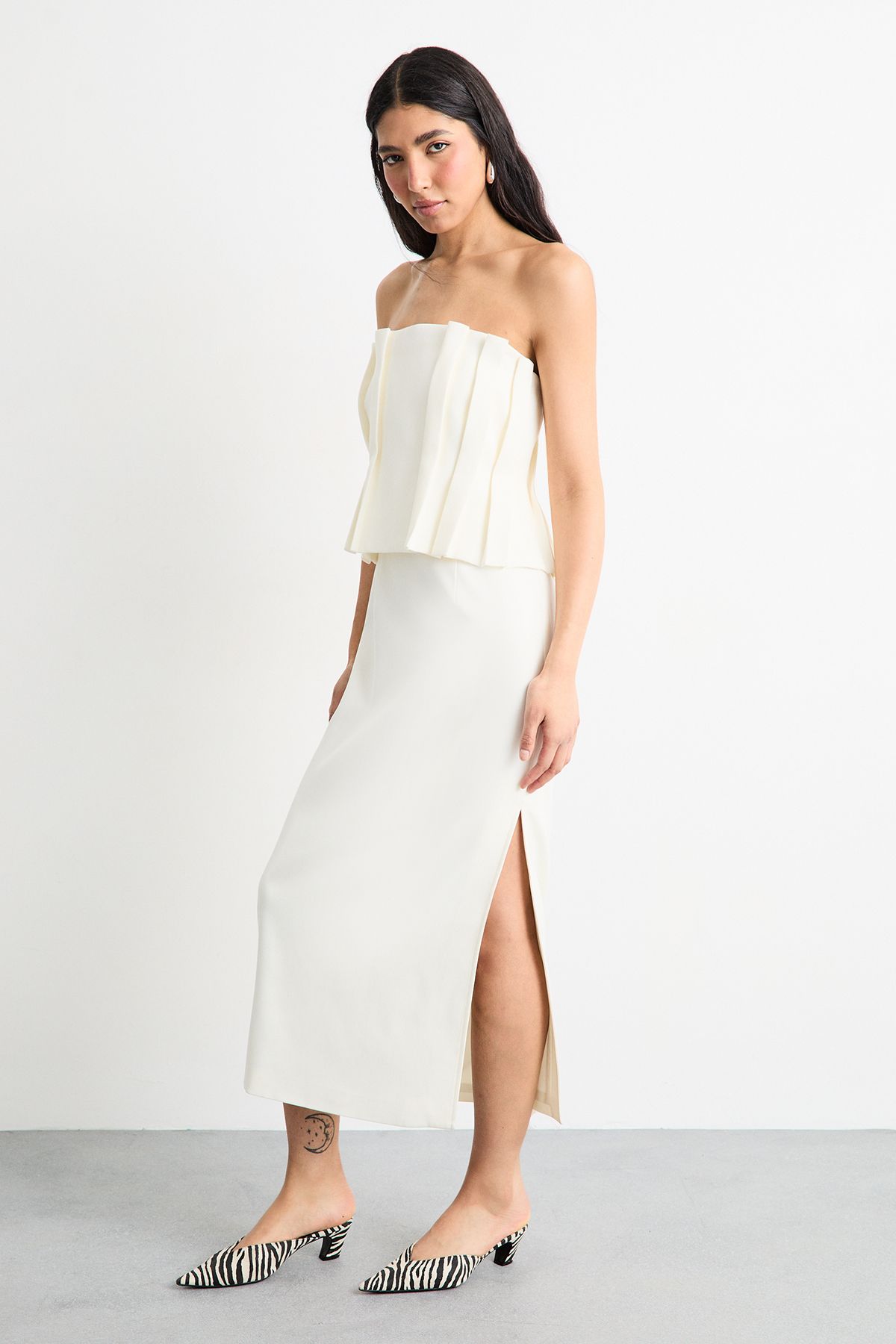 Warehouse Pleated Bodice Column Midi Dress Ivory image 4