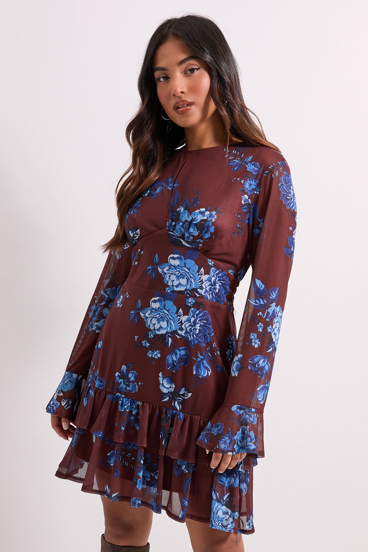 Dorothy Perkins Petite Tiered Skirt Printed Mesh Mini Dress Blue image 2