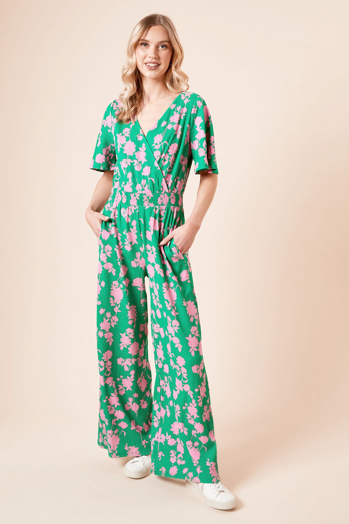 Dorothy Perkins Green Floral Wrap Front Angel Sleeve Jersey Jumpsuit Green image 1