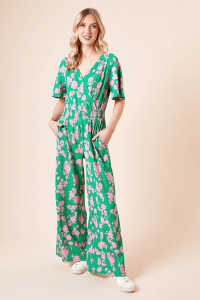 Dorothy Perkins Green Floral Wrap Front Angel Sleeve Jersey Jumpsuit Green