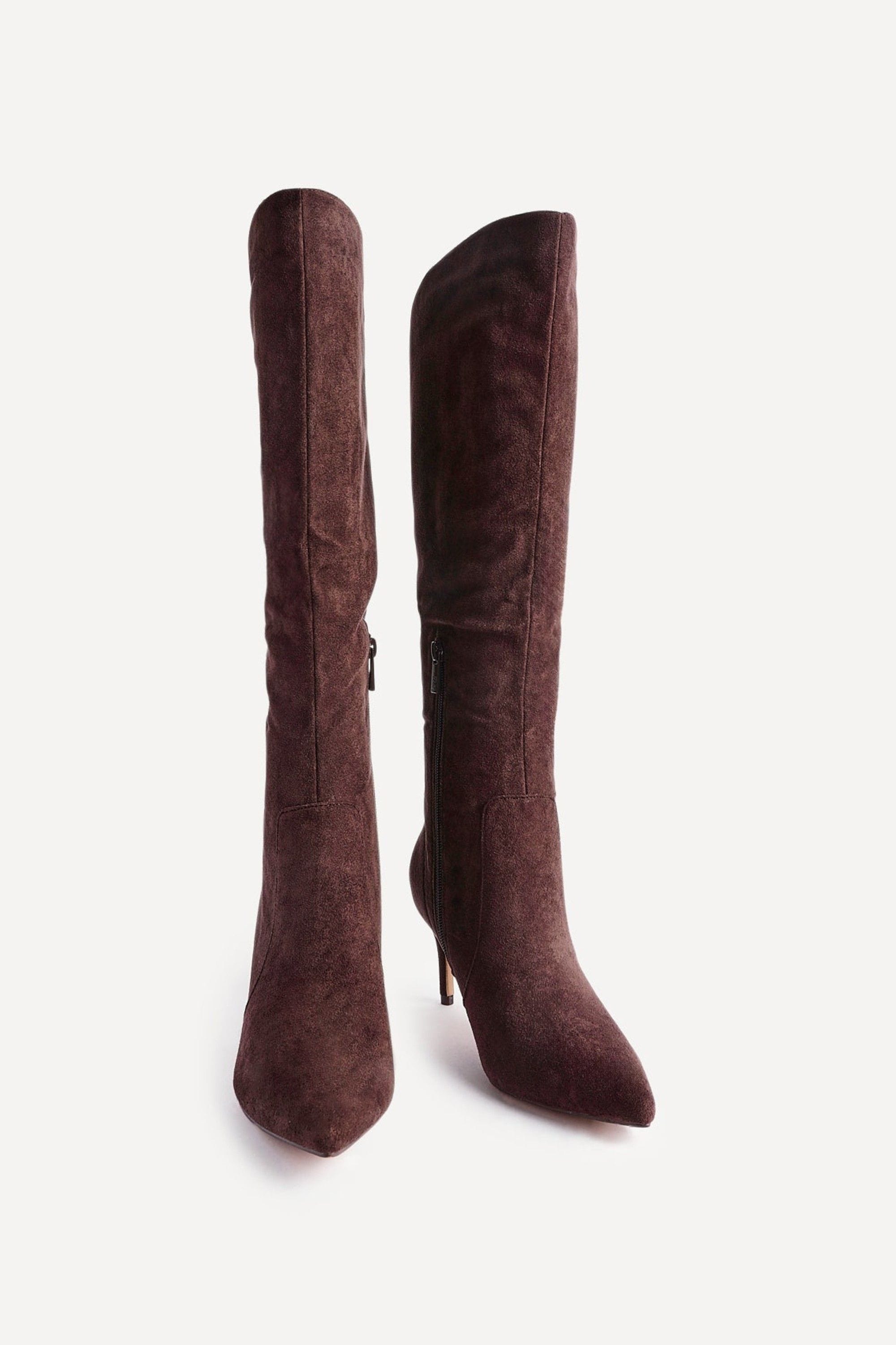 Linzi Ambition Brown Faux Suede Assymetric High Leg Stiletto Boot image 3