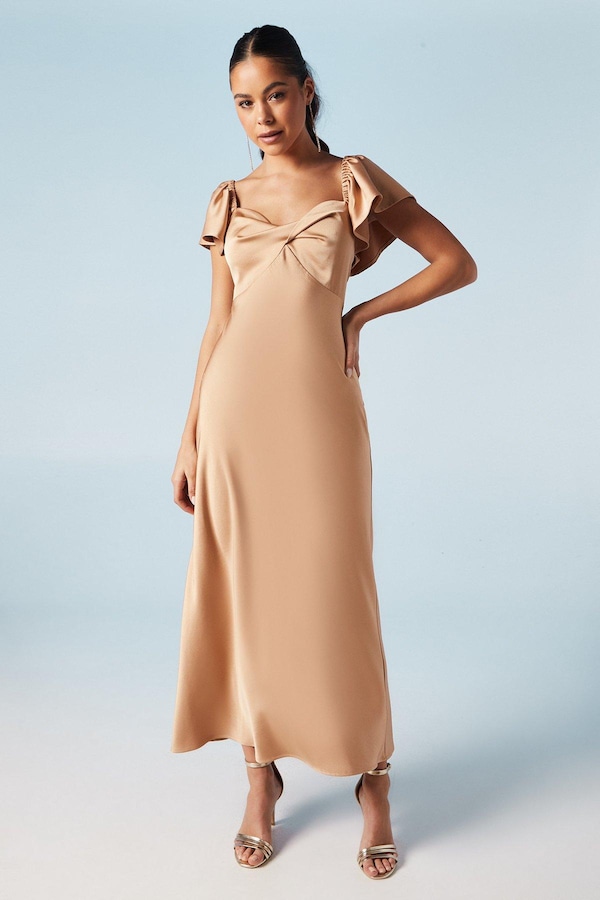 Oasis Twist Front Angel Sleeve Bridesmaids Dress Biscuit