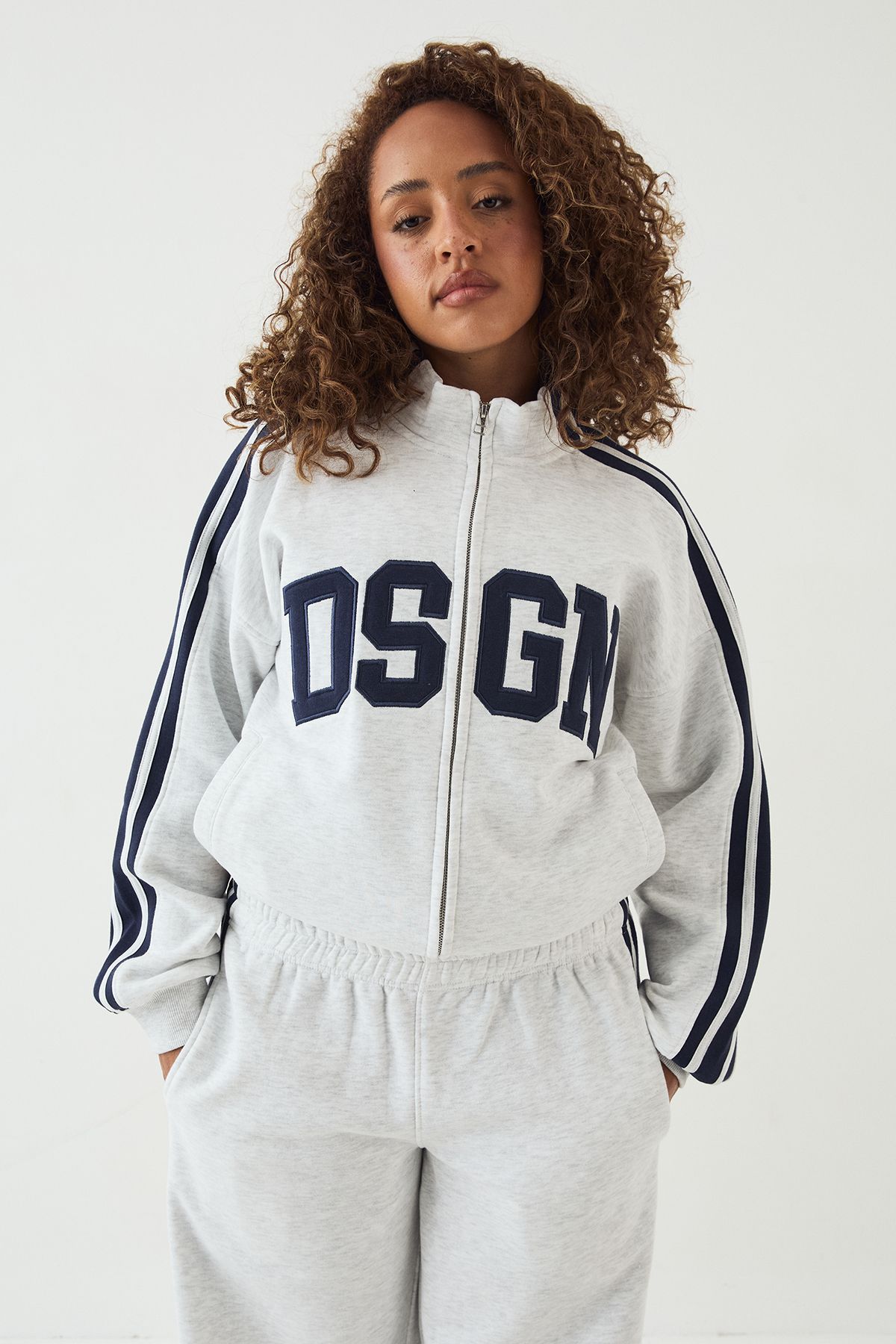 DSGN Studio DSGN Side Stripe Funnel Neck Zip Through Bomber Tracksuit Ash Grey image 3