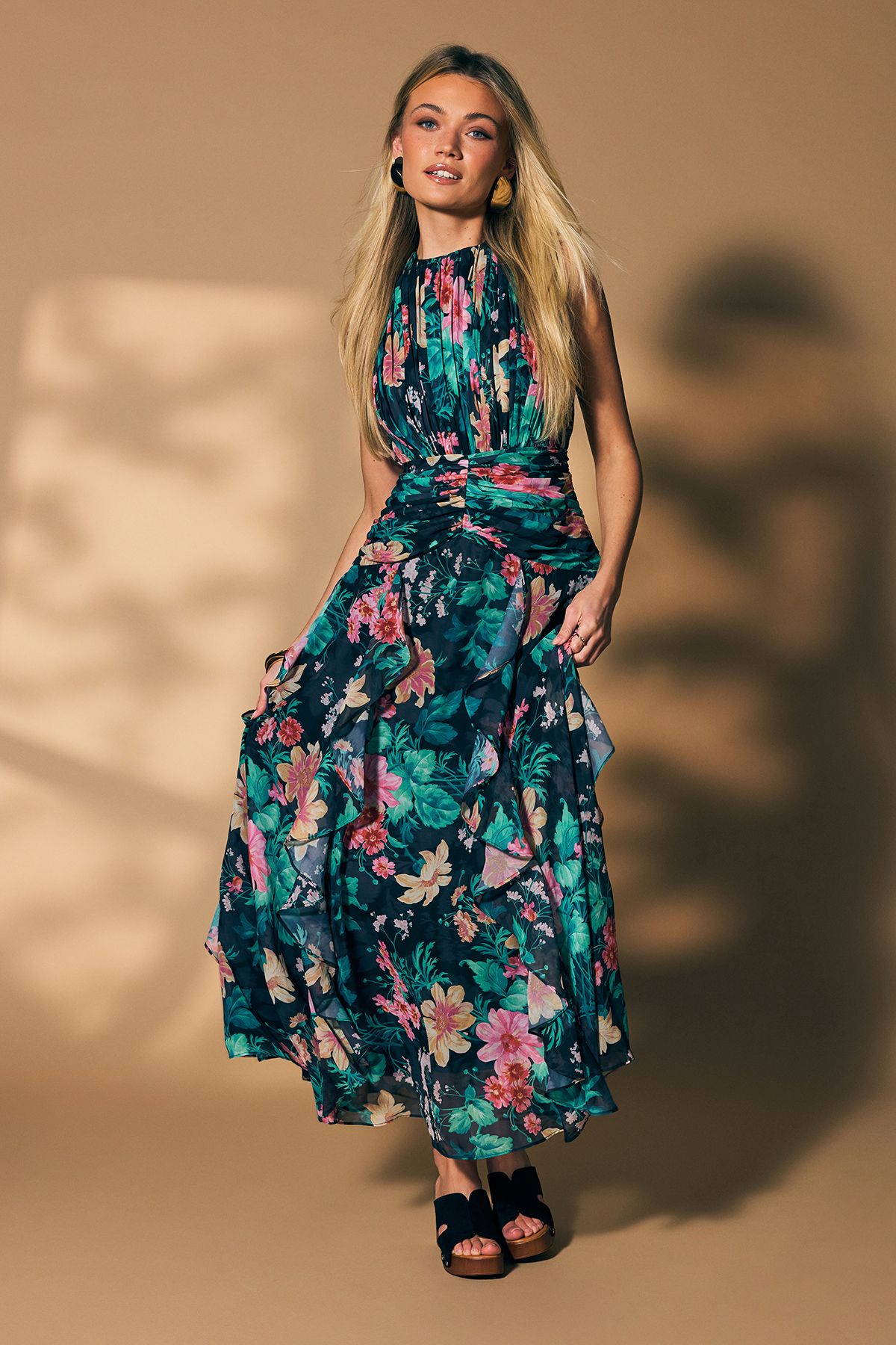 Oasis Floral Waist Detail Ruffle Maxi Dress Black image 1