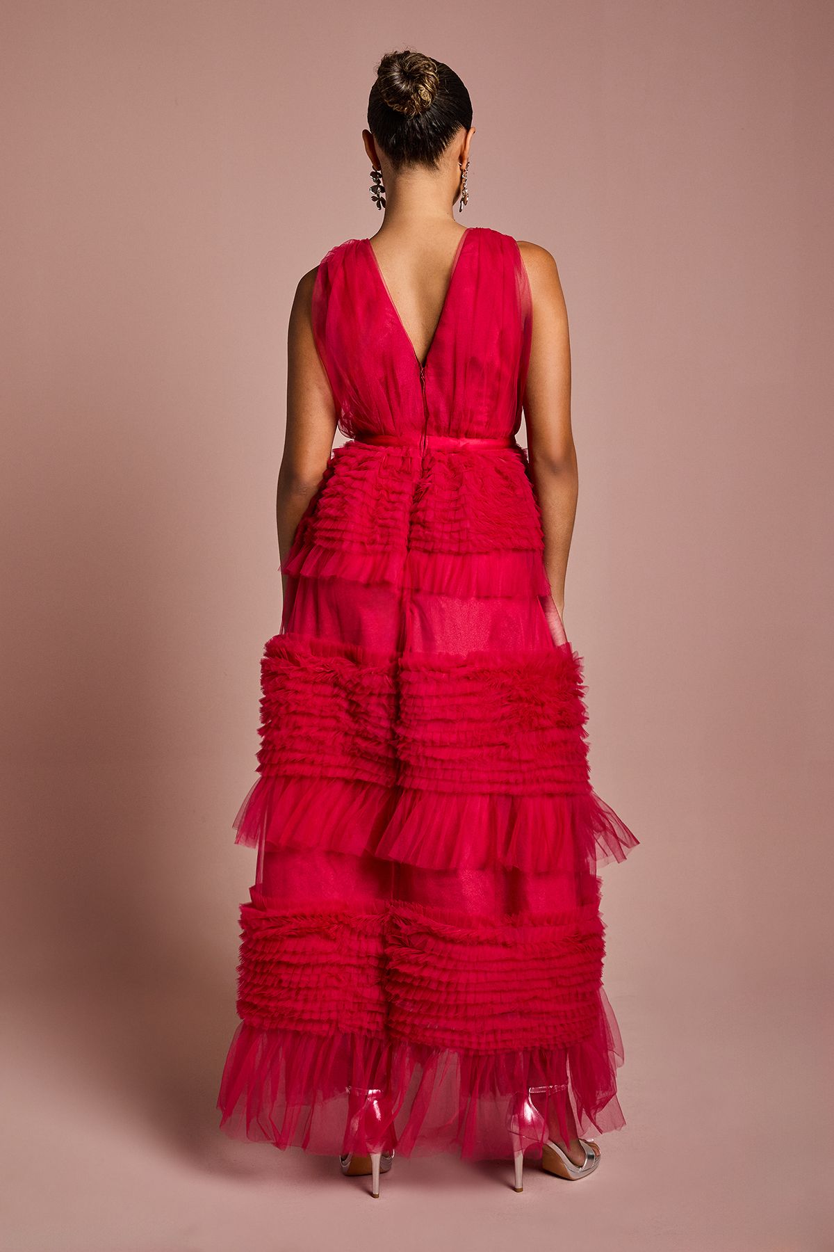 Coast Petite Sleeveless Mesh Tiered Maxi Dress Raspberry image 3