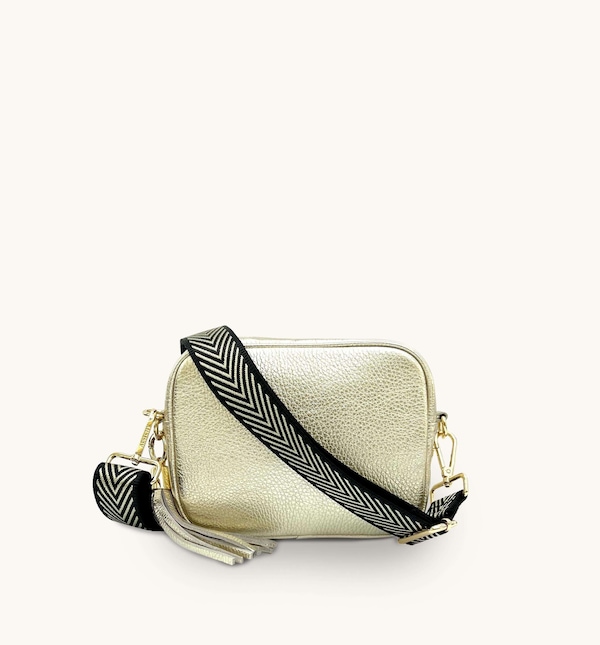 Apatchy London Gold Leather Crossbody Bag With Black & Gold Chevron Strap