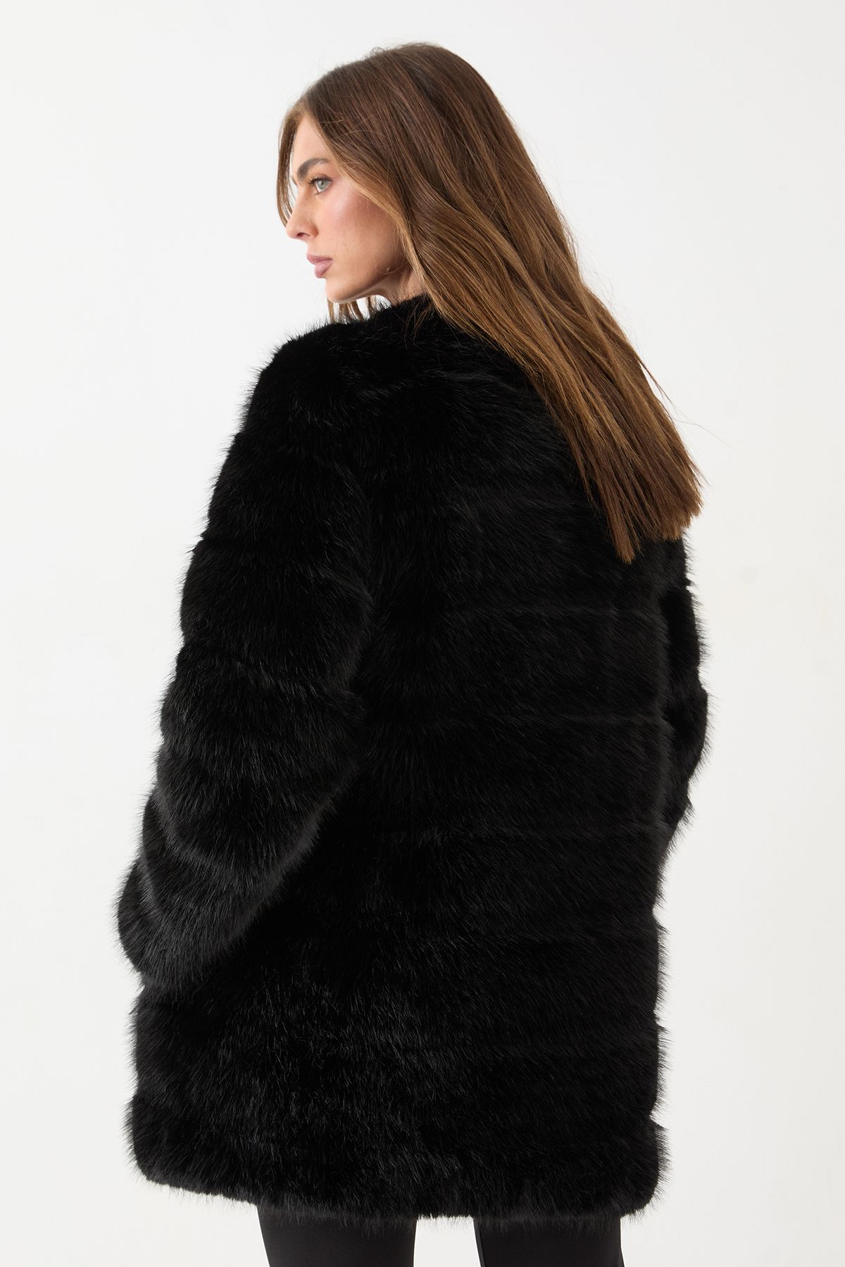 MissPap Panelled Faux Fur Coat Black image 3