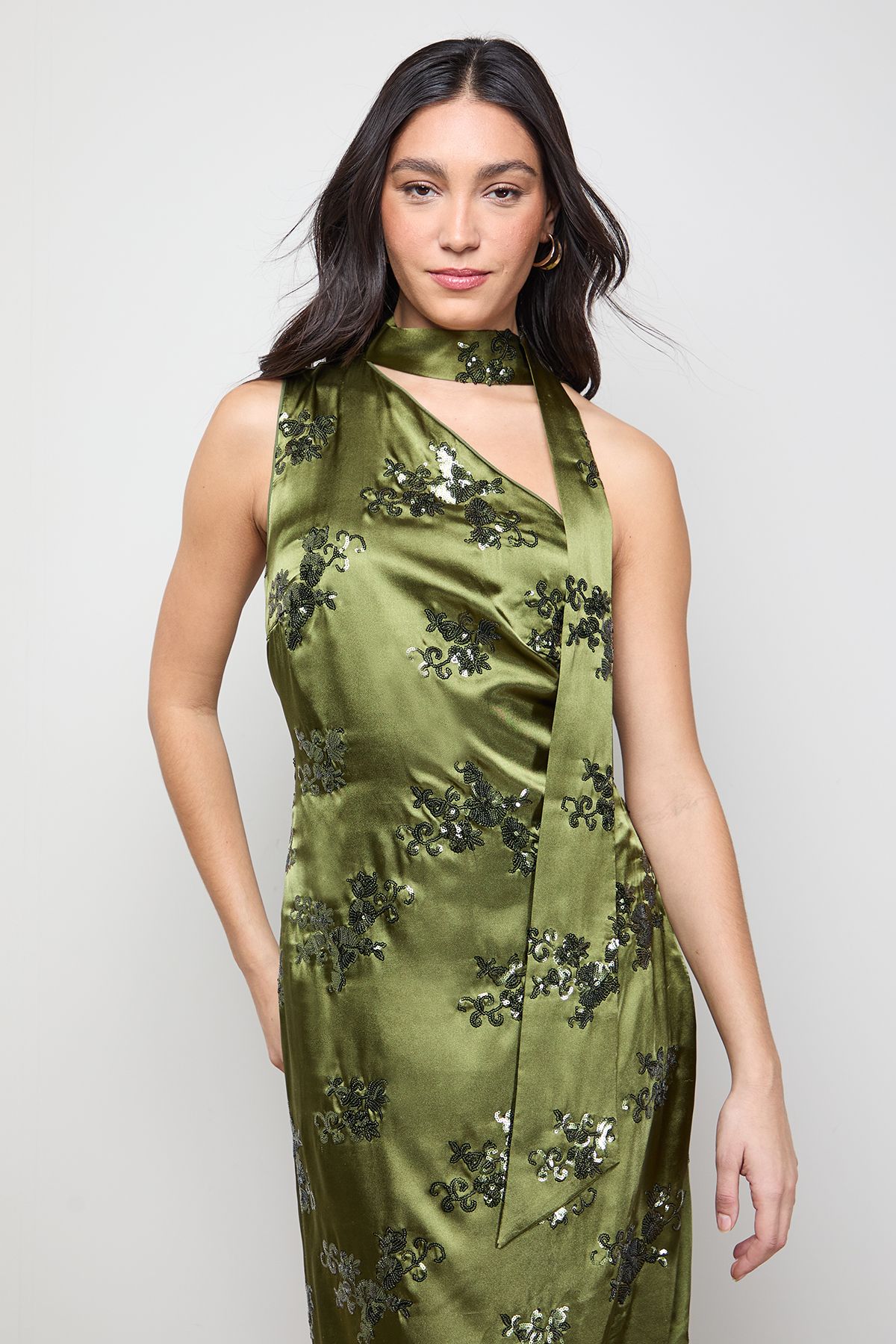 Oasis Sequin Satin Tie Neck Midi Slip Dress Olive image 2