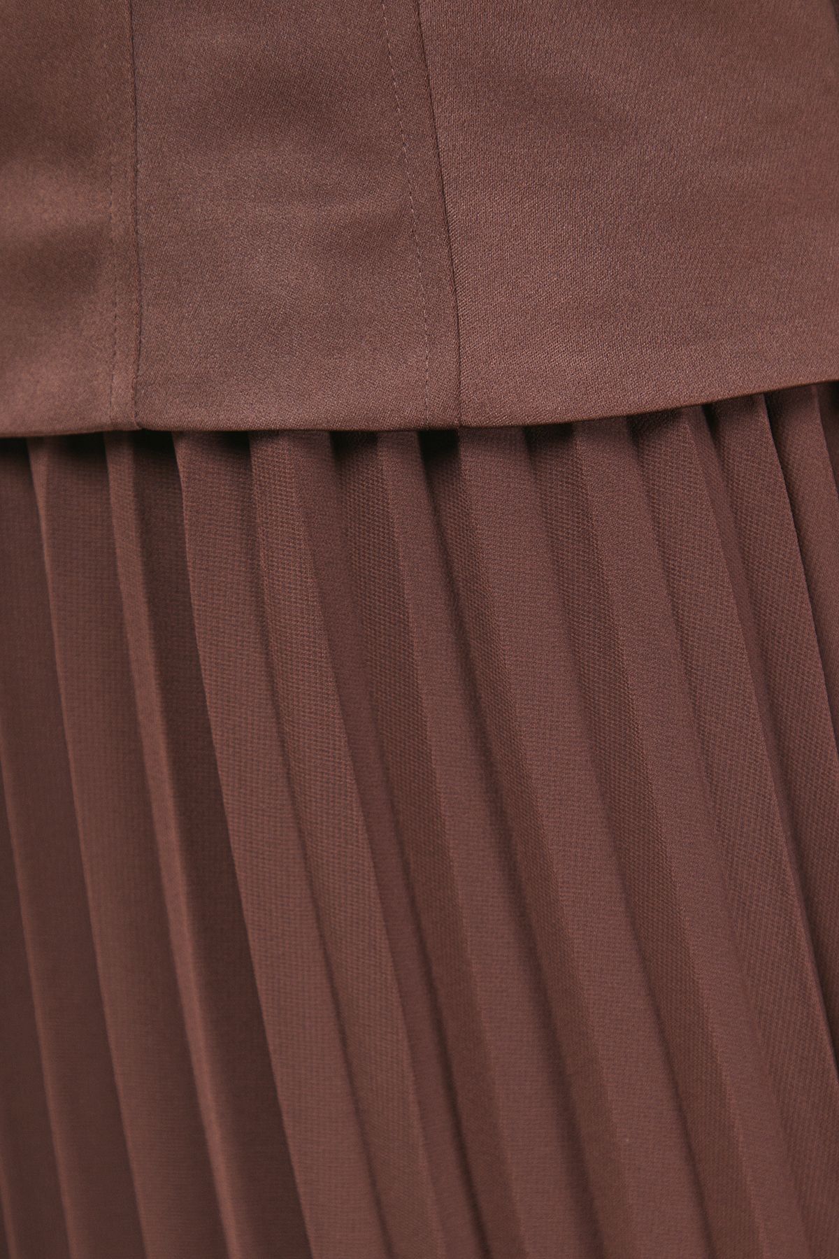 Warehouse Satin Fitted Bodice Chiffon Pleated Skirt Midi Dress Chocolate image 5
