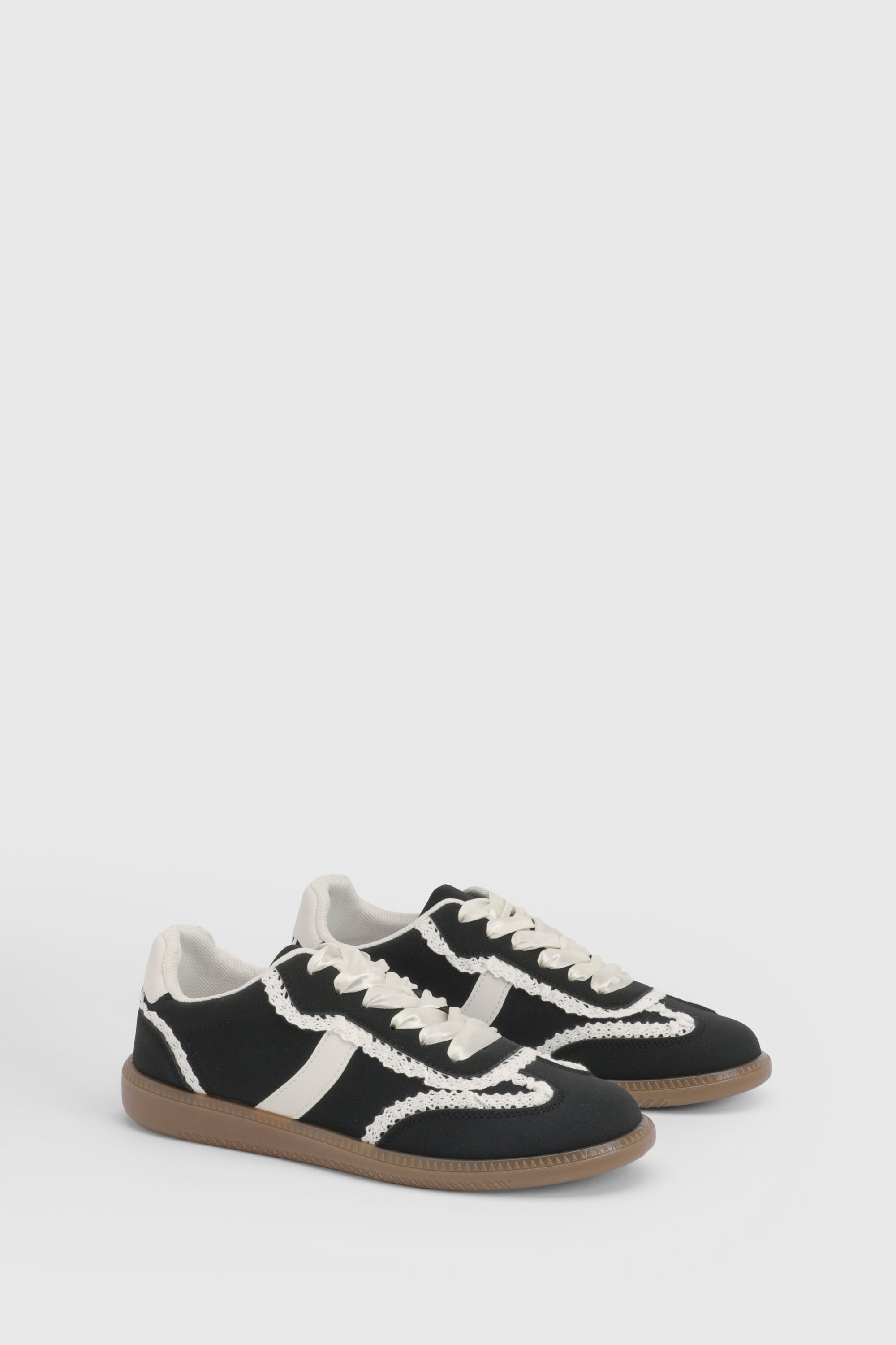 Oasis Tyler Faux Suede Lace Trim Detail Lace Up Trainers Natural Black