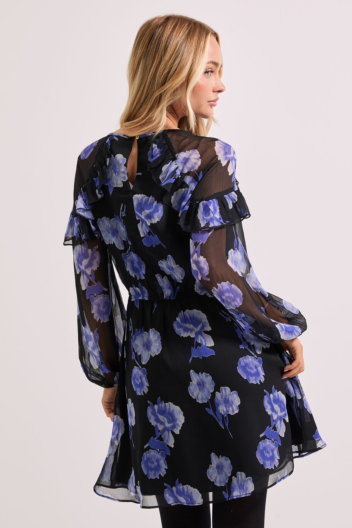 Dorothy Perkins Blue Floral Frill Detail Blouson Sleeve Mini Dress Blue image 3