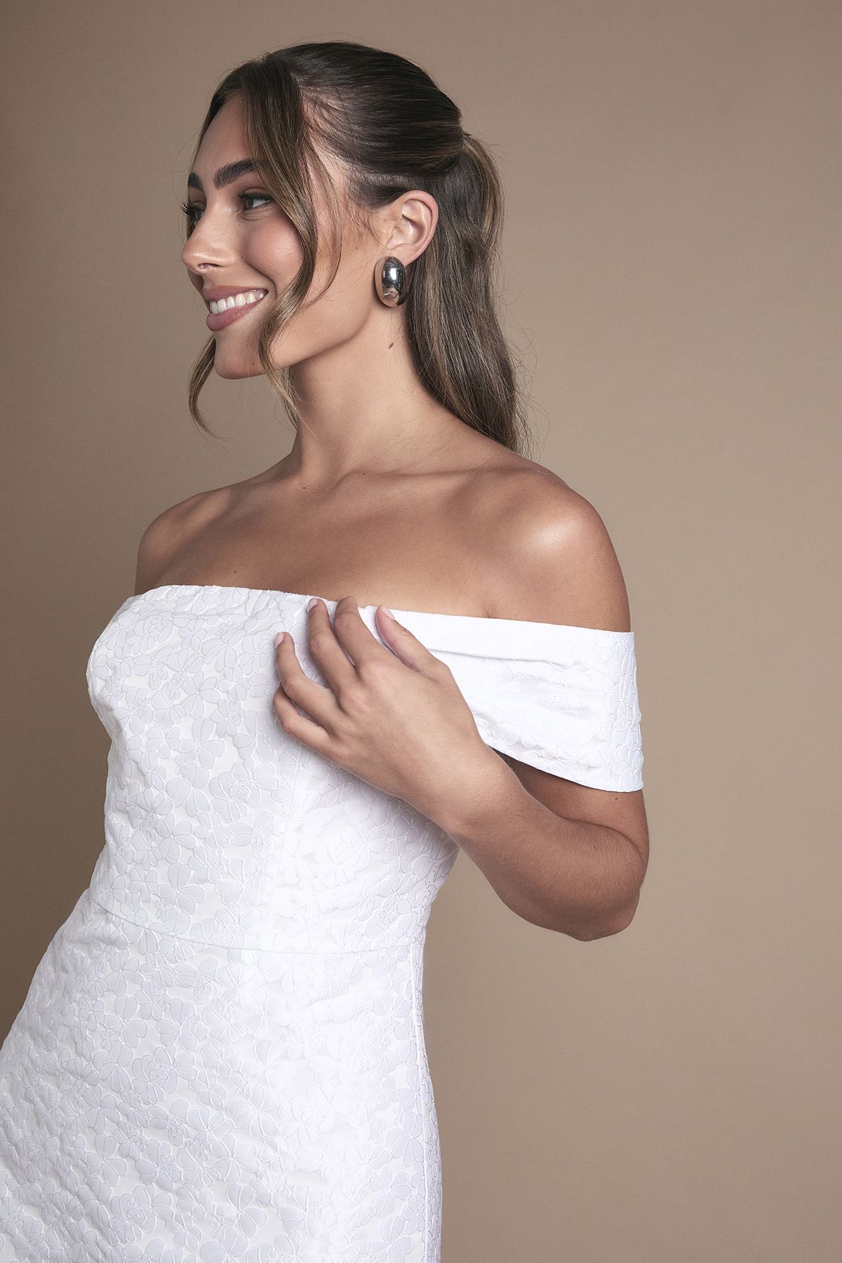 Oasis Off The Shoulder Jacquard Wedding Mini Dress Ivory image 2