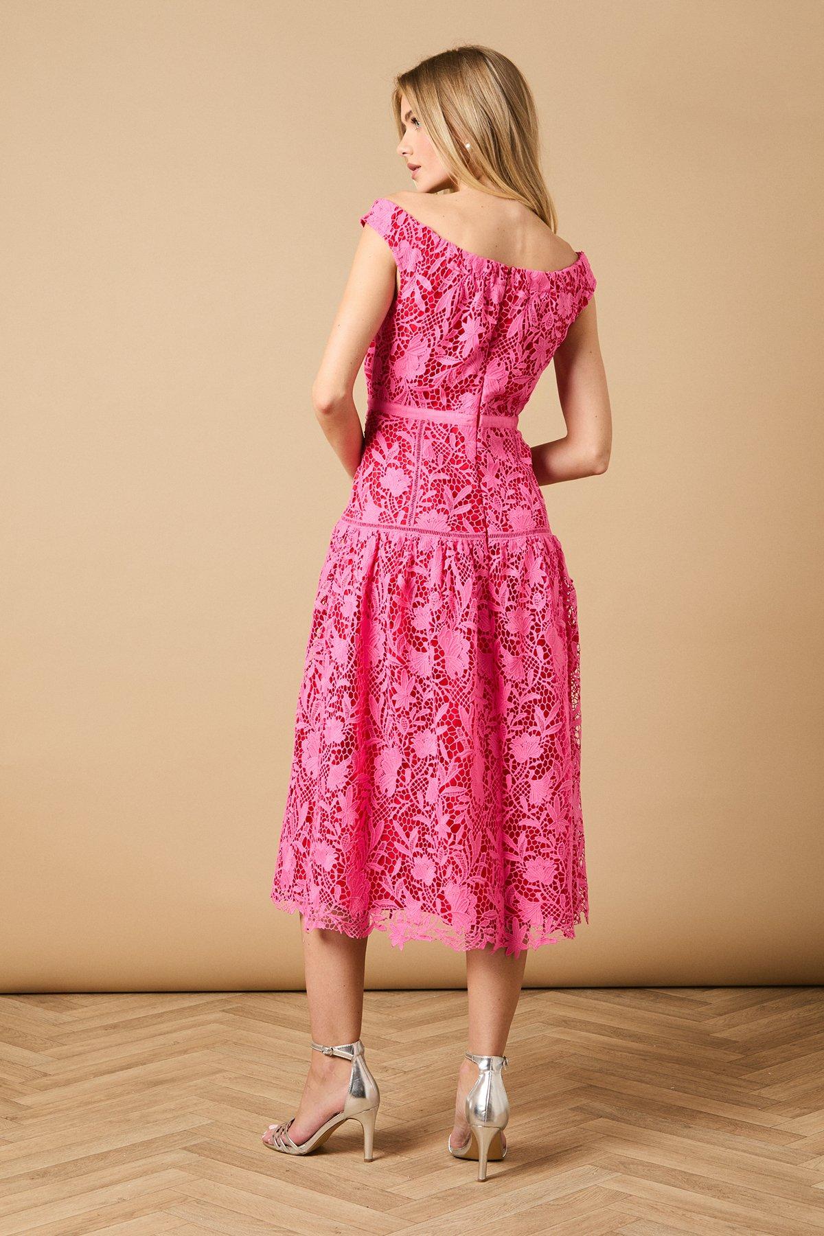 Oasis Floral Lace Off The Shoulder Midi Dress Pink image 3