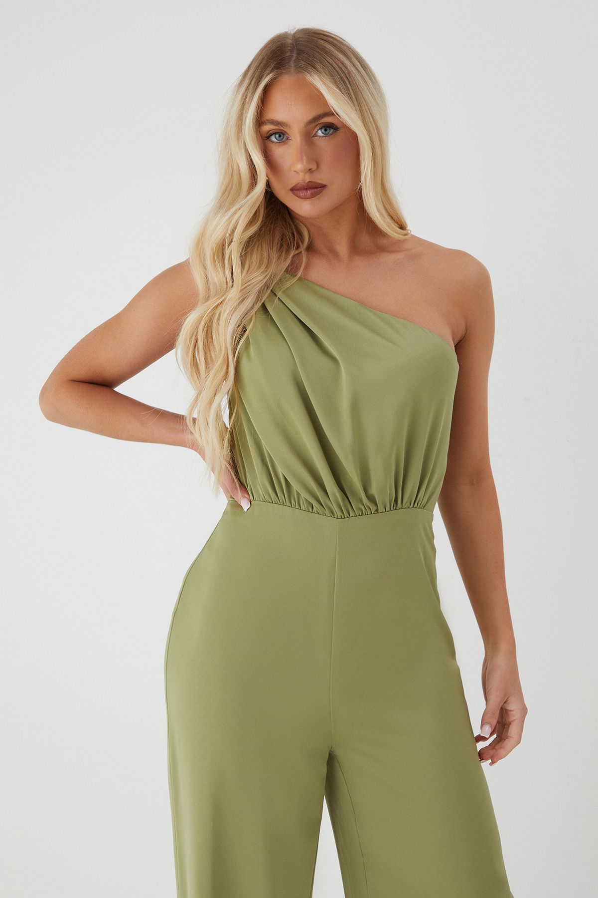 MissPap Knot Detail Asymmetric Neck Wide Leg Jumpsuit Green image 4