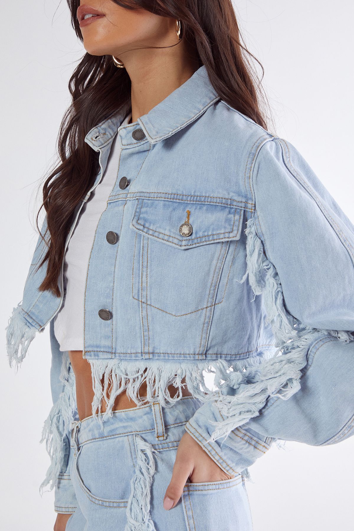 NastyGal Frayed Edge Denim Jacket Light Wash image 3