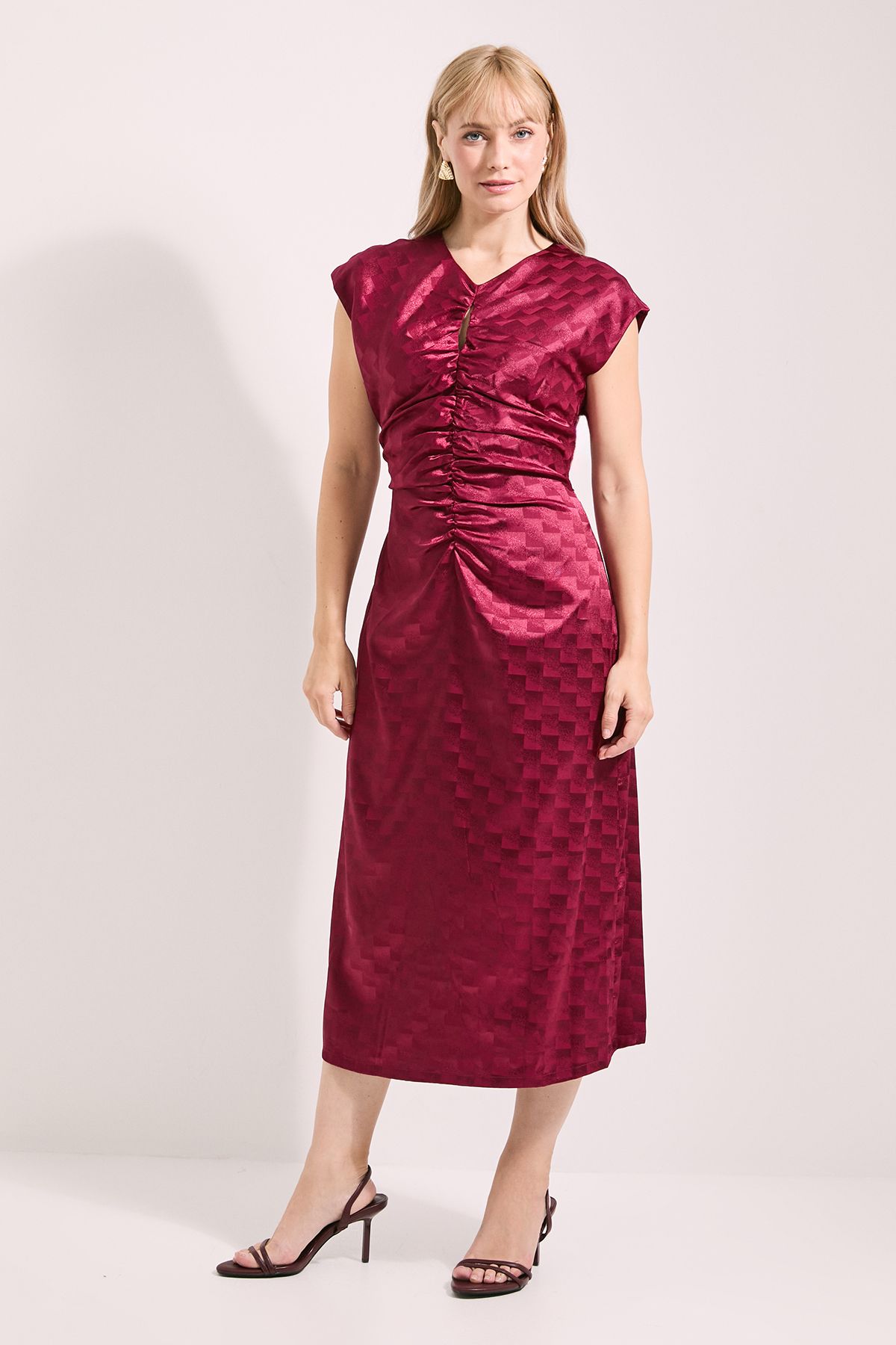 Principles Ruched Front Satin Jacquard Keyhole Detail Midi Dress Berry