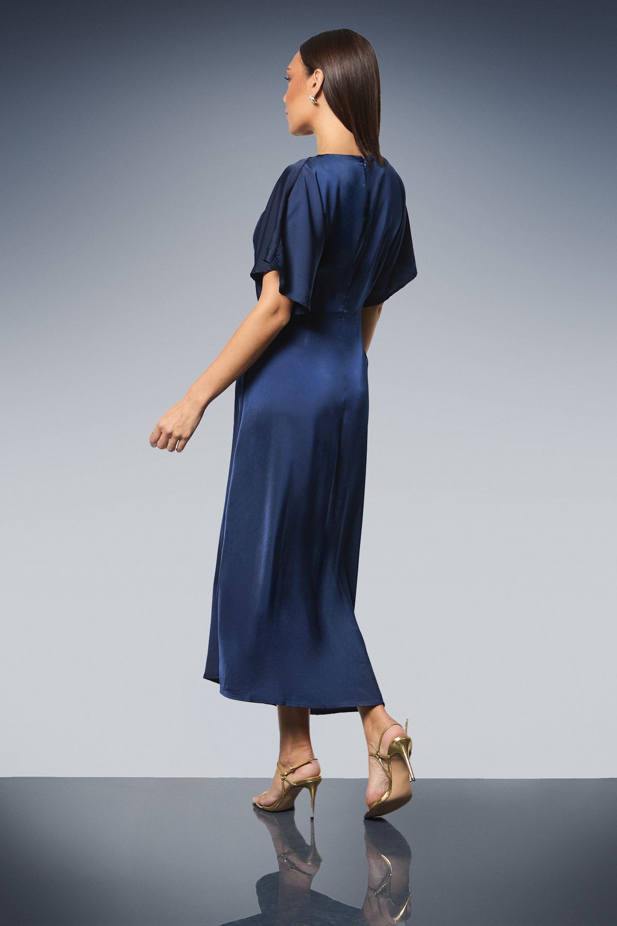 Principles Flutter Sleeve Pleat Detail Satin Midi Dress Navy image 3