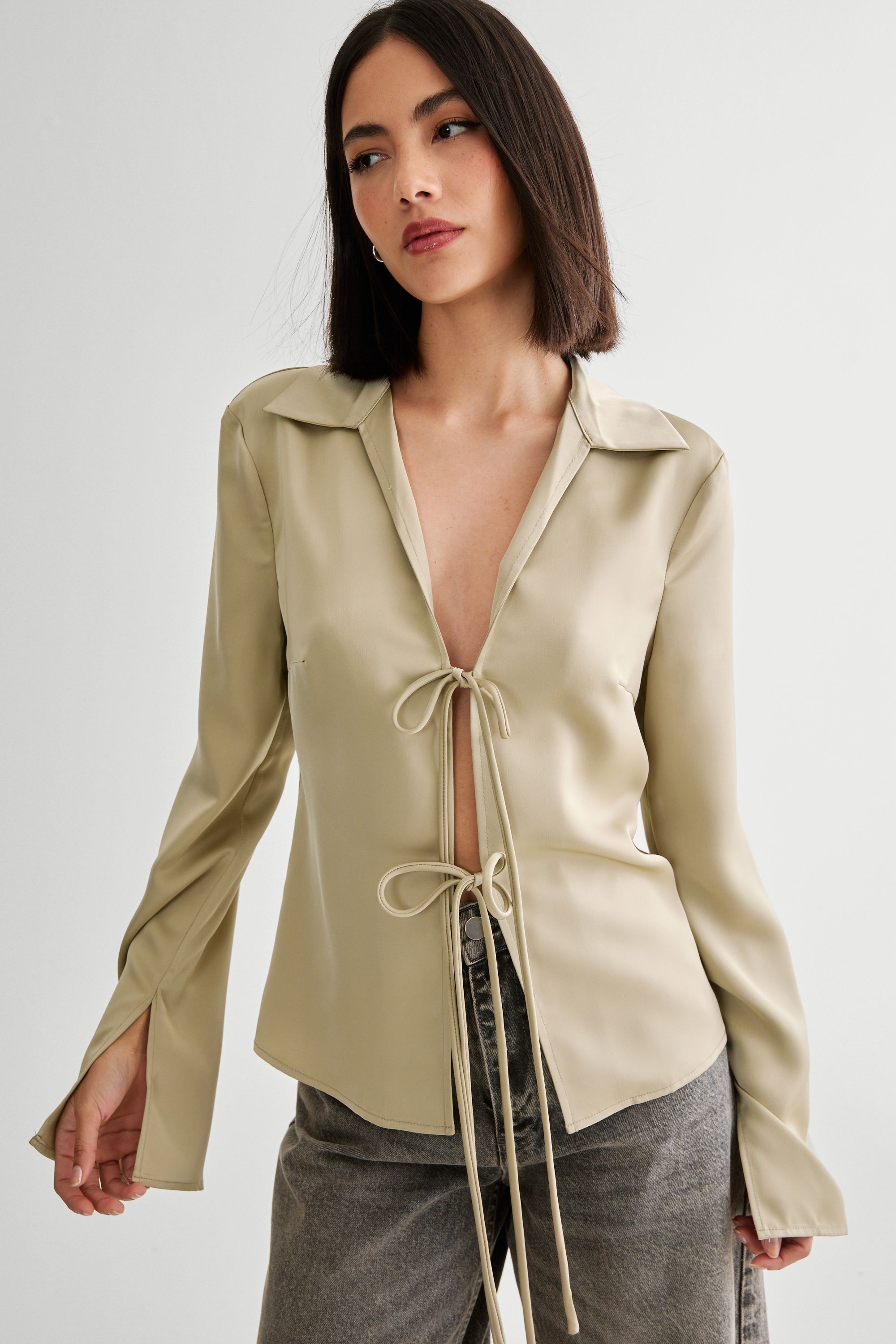 NastyGal Satin Collar Tie Front Long Sleeve Shirt Olive image 3