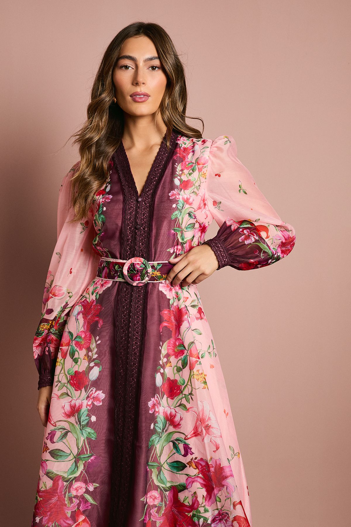 Coast Long Sleeve Organza Midi Dress With Belt Pink image 2