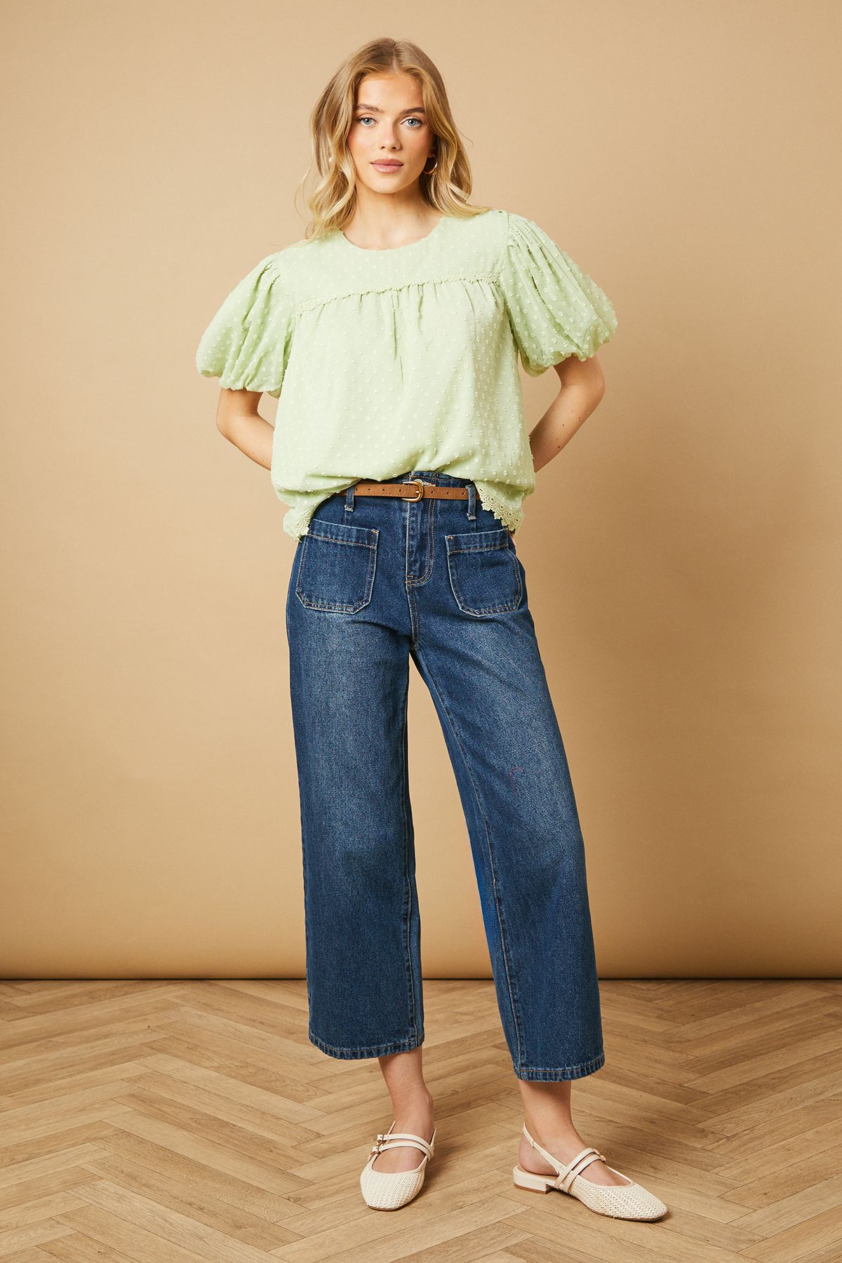 Oasis Lace Trim Puff Sleeve Blouse Green image 2