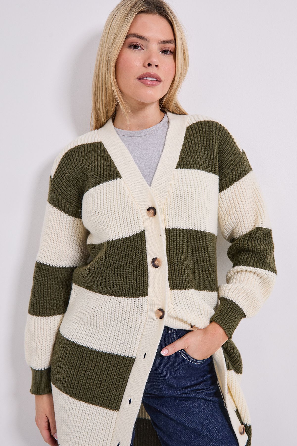 Dorothy Perkins Stripe Button Up Longline Cardigan Ivory image 2