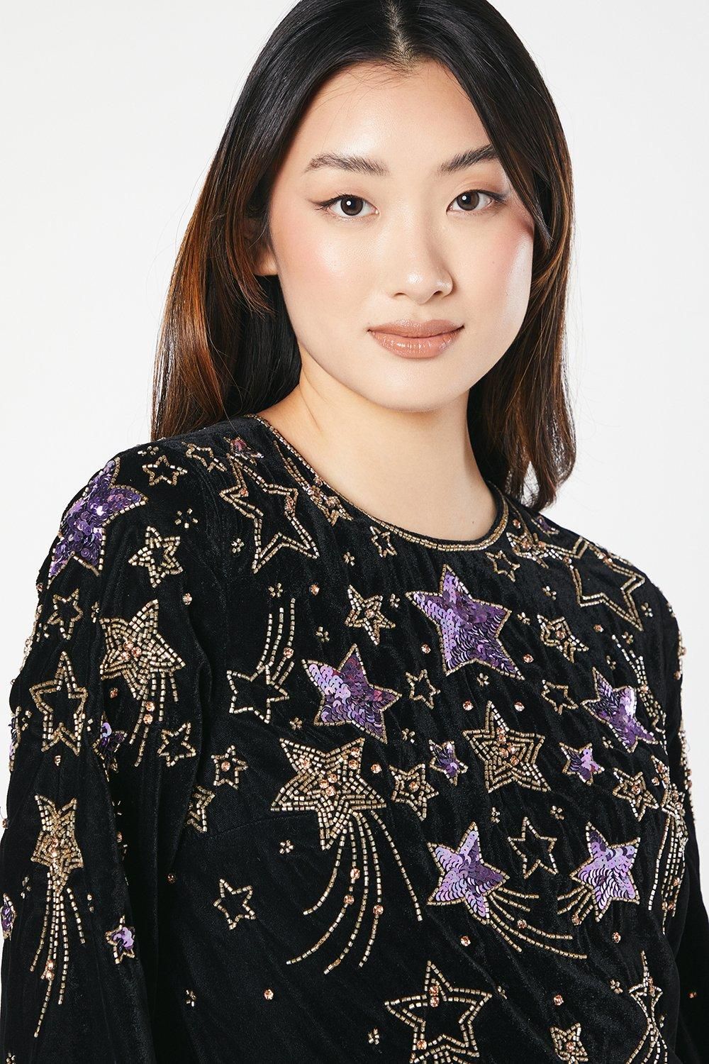 Coast Party Sequin Star Long Sleeve Velvet Mini Swing Dress Black image 2