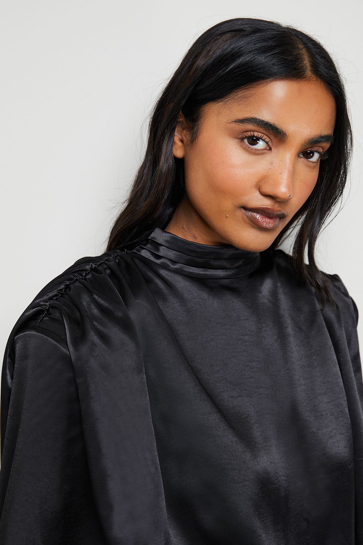 Warehouse Extreme Shoulder Draped Satin Mini Dress Black image 4