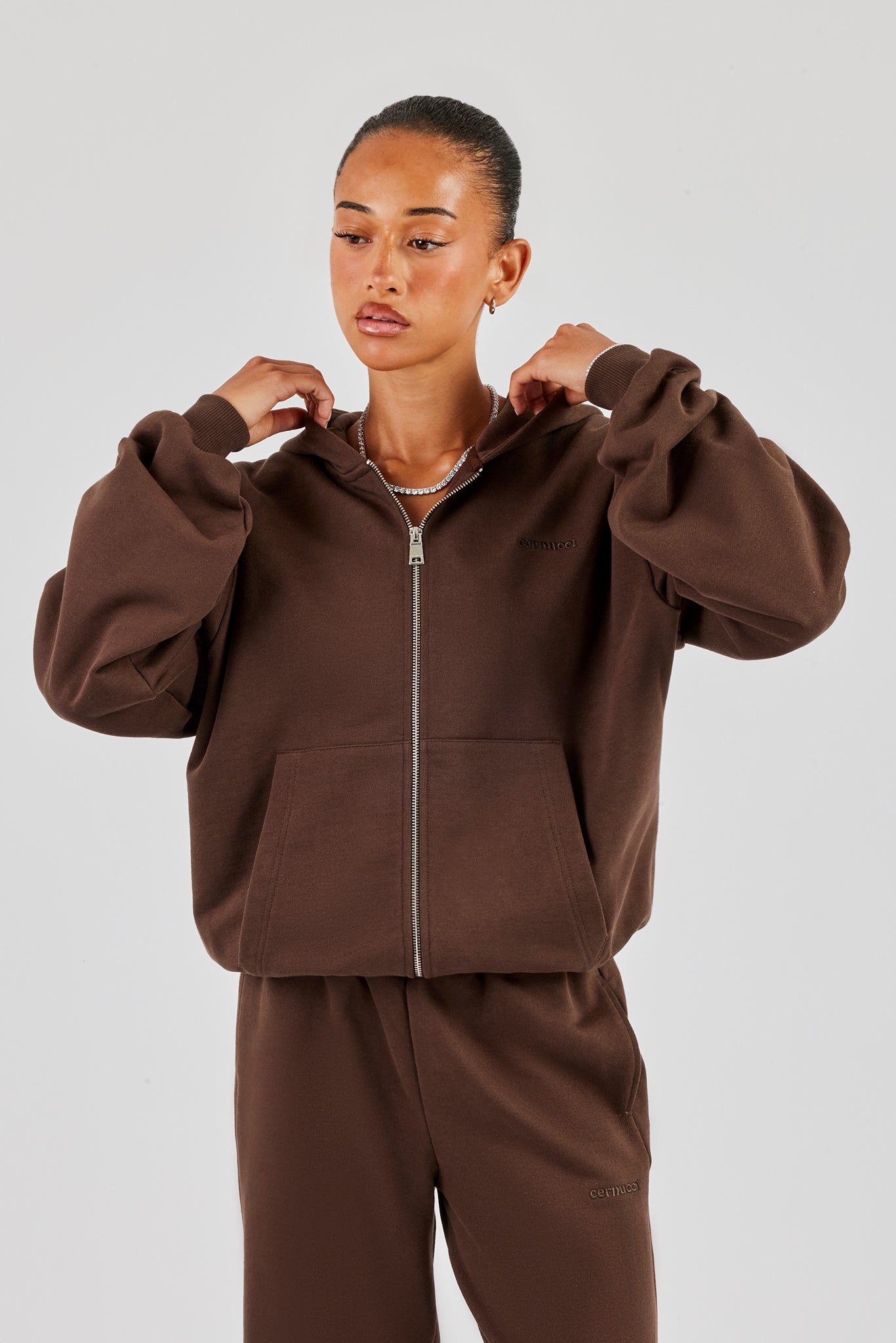 Cernucci Oversized Zip Through Hoodie - Chocolate image 1