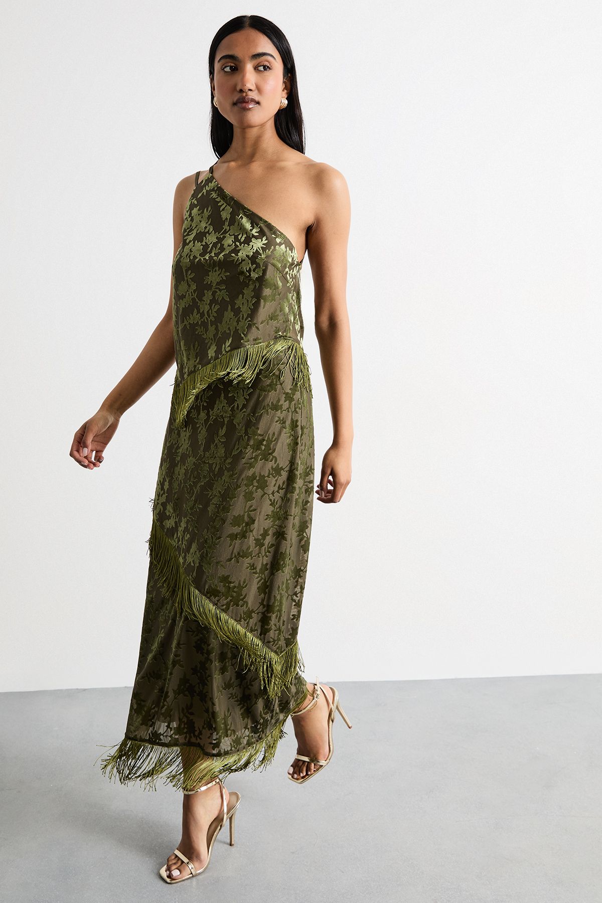 Warehouse Devore Fringe Detail Midi Skirt Khaki image 1