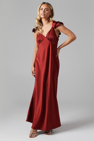 Oasis Petite Ruffle Neckline Satin Maxi Bridesmaid Dress Burnt Orange