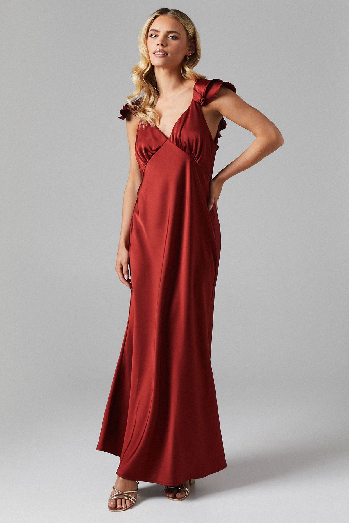 Oasis Petite Ruffle Neckline Satin Maxi Bridesmaid Dress Burnt Orange image 1
