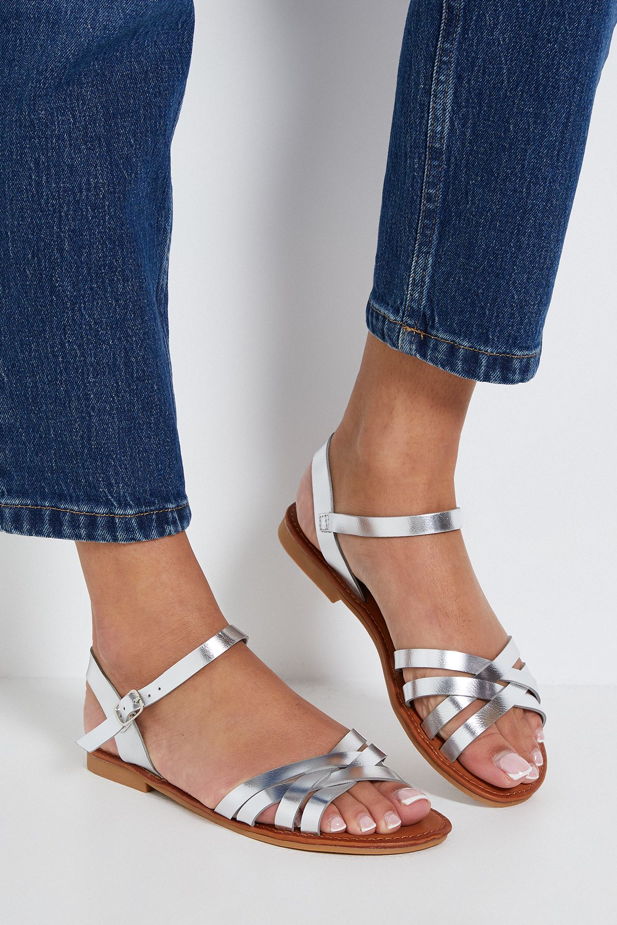 Dorothy Perkins Aida Faux Leather Cross Strap Flat Sandals Silver image 4