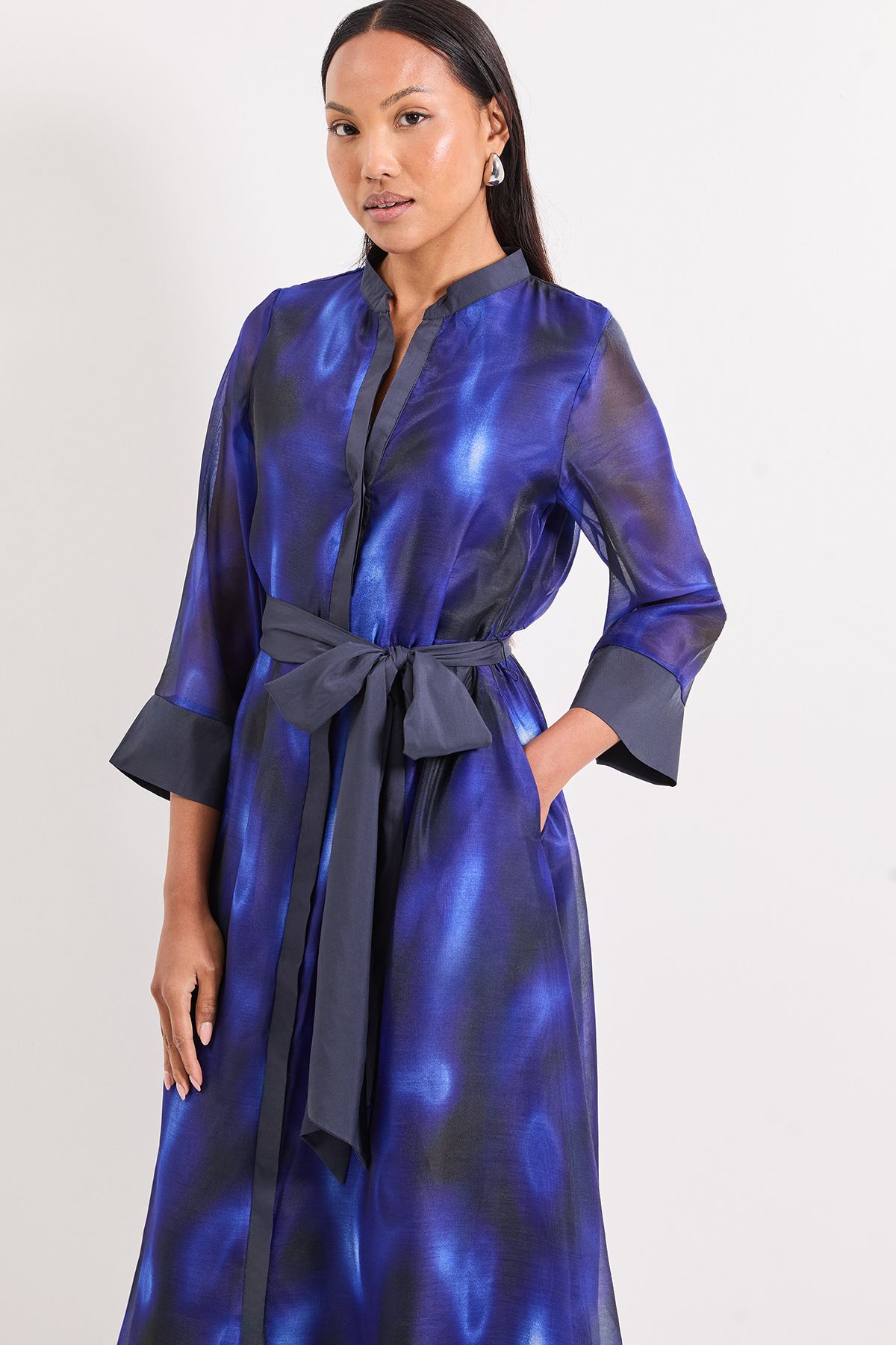 Principles Blue Abstract Print Contrast Detail Shirt Dress Blue image 4