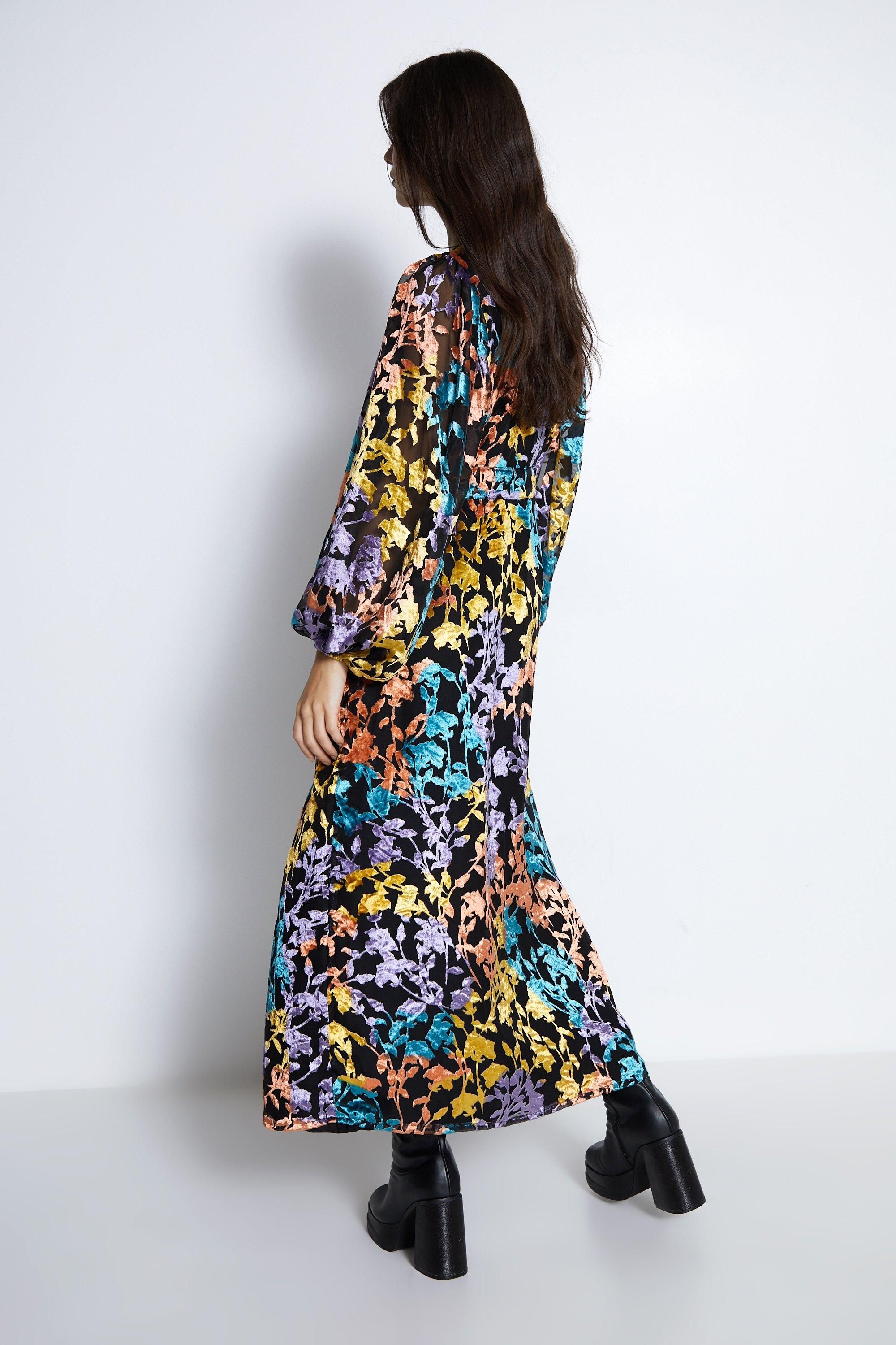 Warehouse Floral Devore Button Through Midi Dress Black image 4