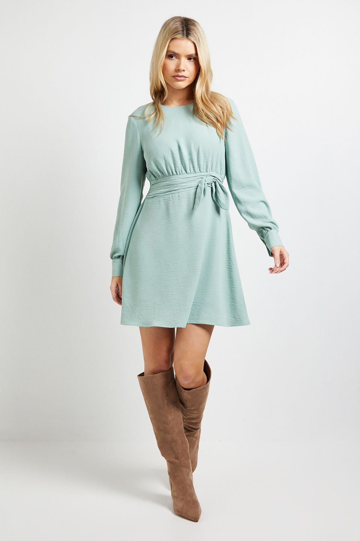 Dorothy Perkins Bow Waist Long Sleeve Mini Dress Sage image 2