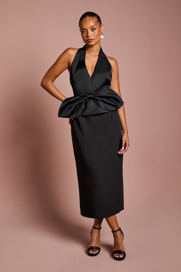 Coast Petite Halter Neck Structured Satin Column Midi Dress Black