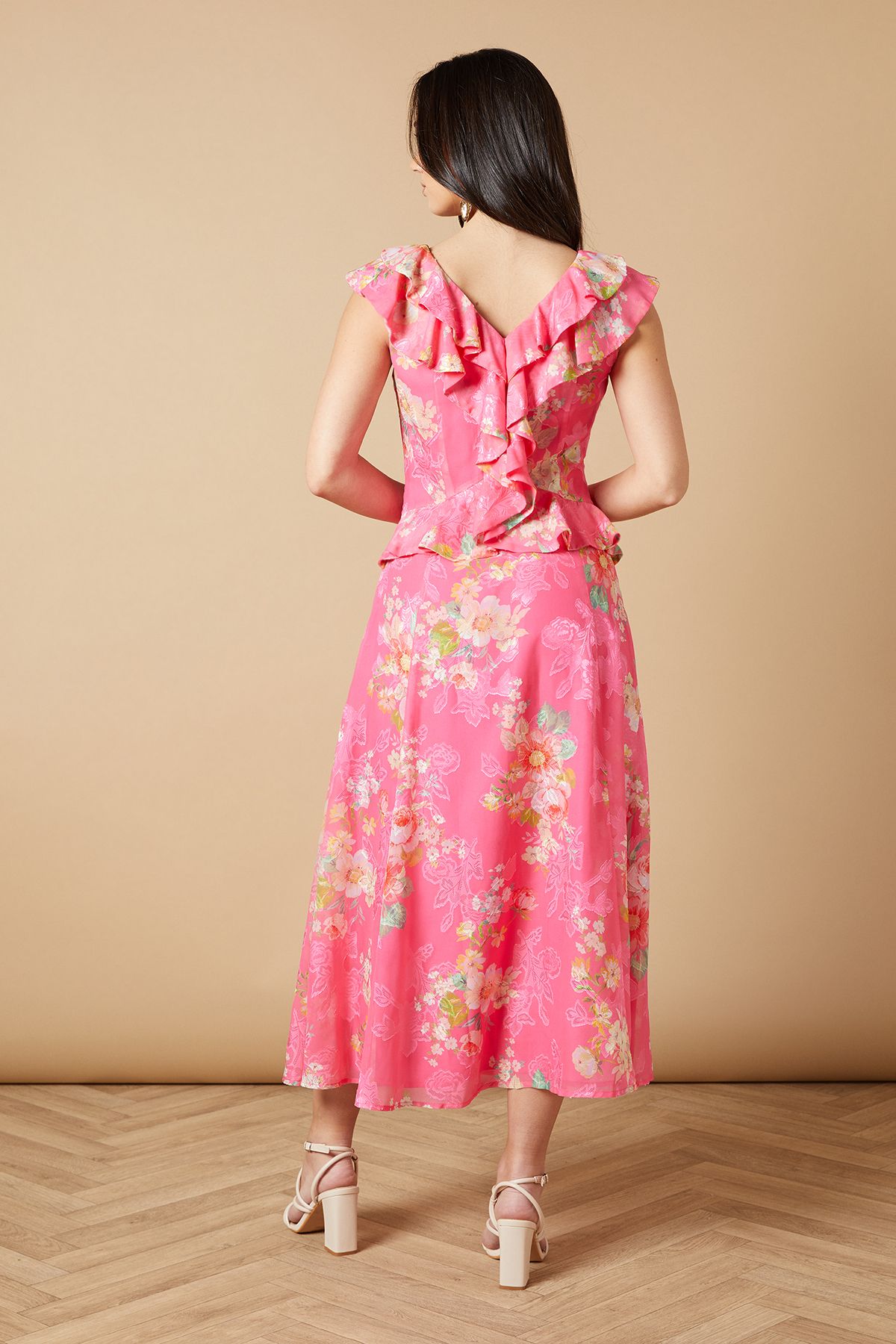Oasis Floral Ruffle Detail V Neck Midi Dress Bubblegum image 4