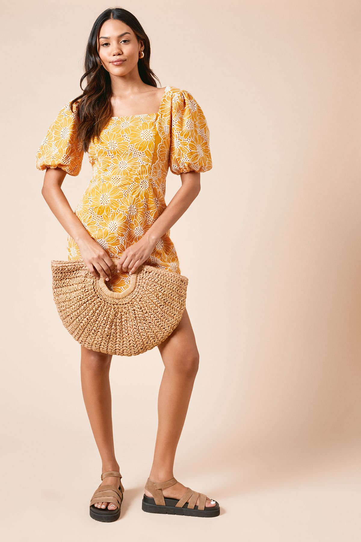 Dorothy Perkins Cutwork Floral Scalloped Edge Mini Dress Ochre image 2