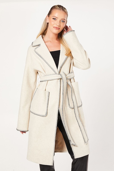 Dorothy Perkins Whipstitch Wrap Midi Coat Cream
