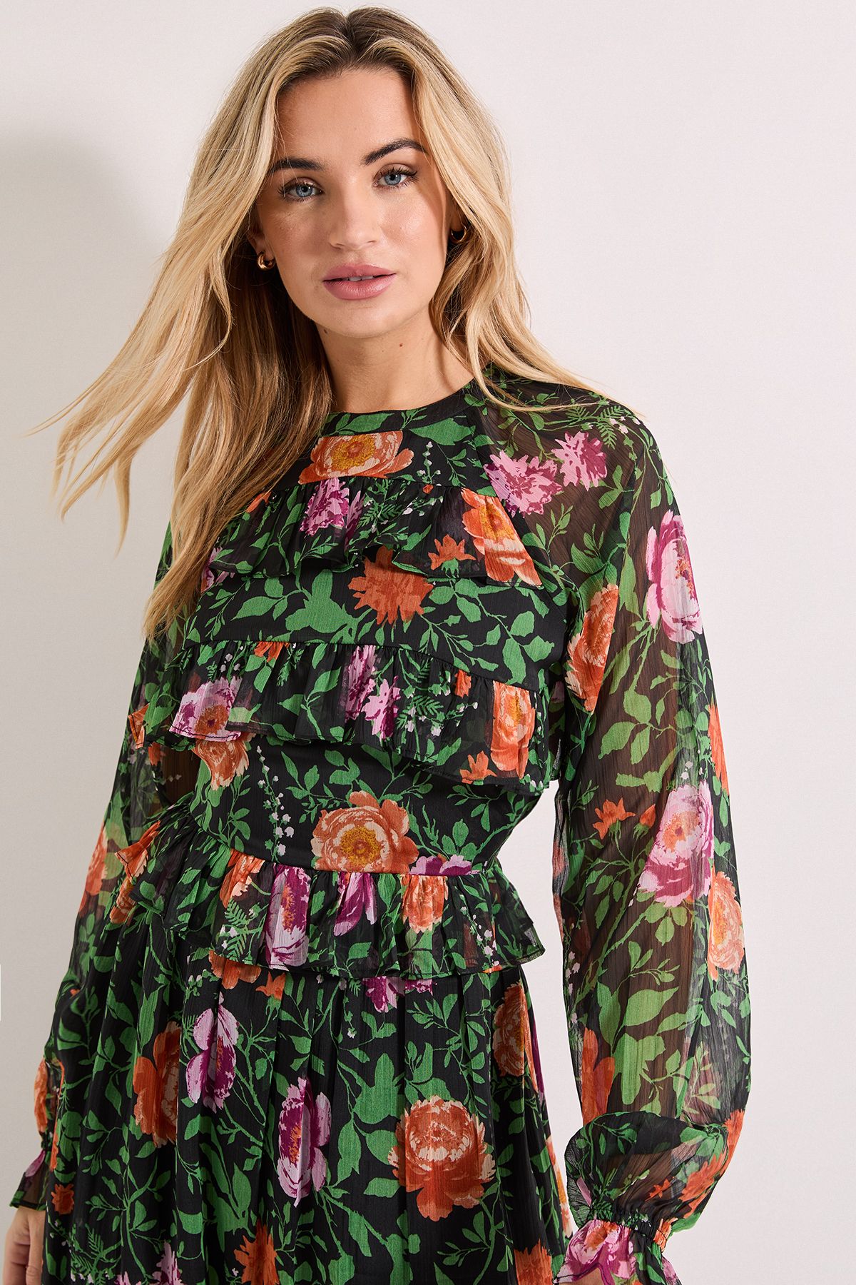 Dorothy Perkins High Neck Frill Detail Printed Chiffon Midi Dress Black image 4