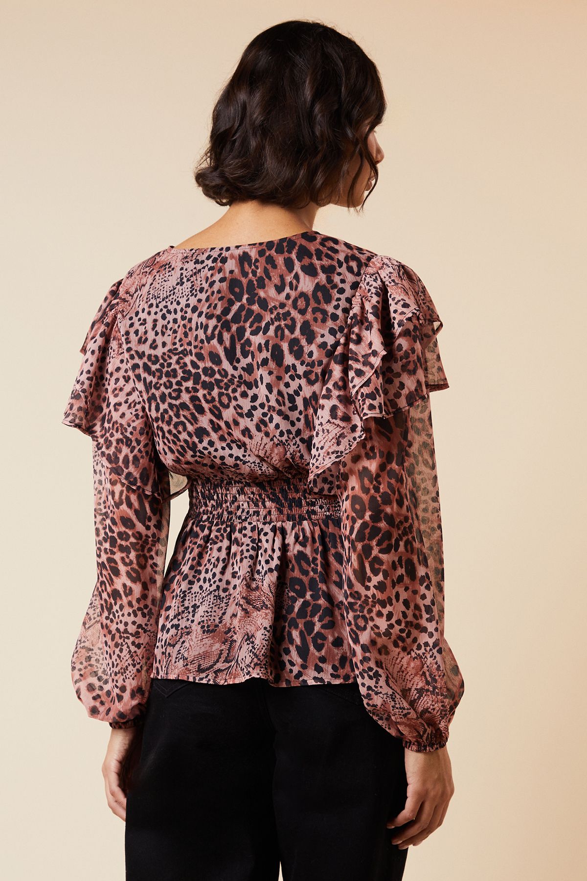 Dorothy Perkins Animal Shirred Waist Button Front Chiffon Long Sleeve Blouse Animal image 3