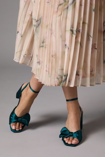 Coast Tina Satin Soft Ruffle High Block Heel Sandals Emerald