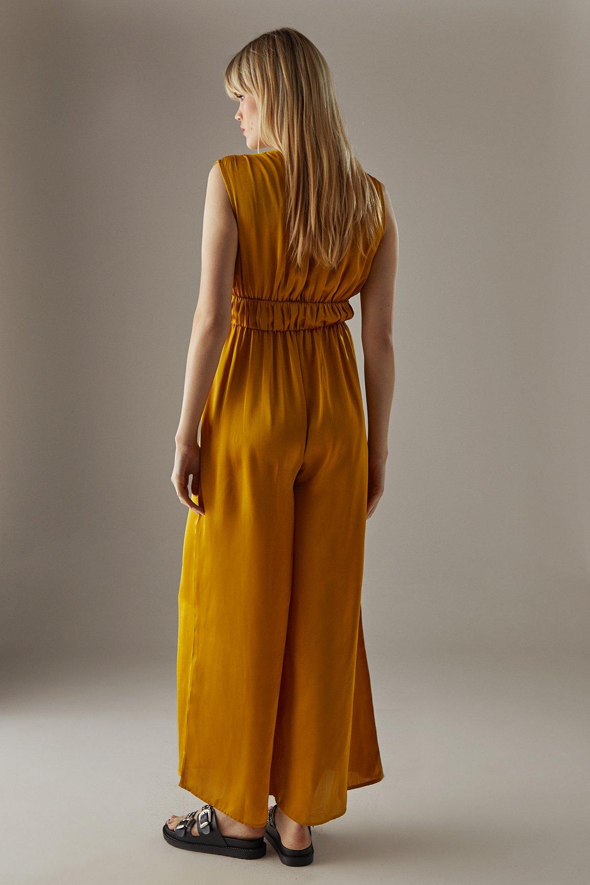 Warehouse Crinkle Satin Plunge Neck Tie Detail Jumpsuit Yellow image 3