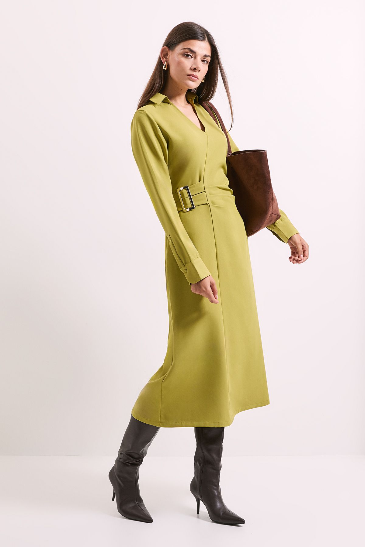 Principles Wrap Buckle Detail Crepe Midi Dress Chartreuse