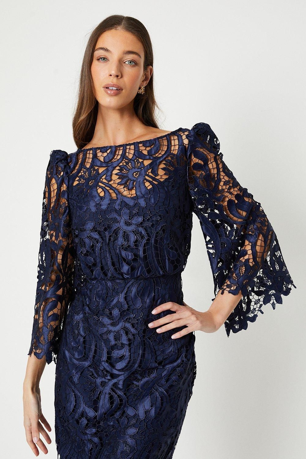 Coast Satin Lace Boat Neck Midi Dress With Fluted Sleeve Navy image 4