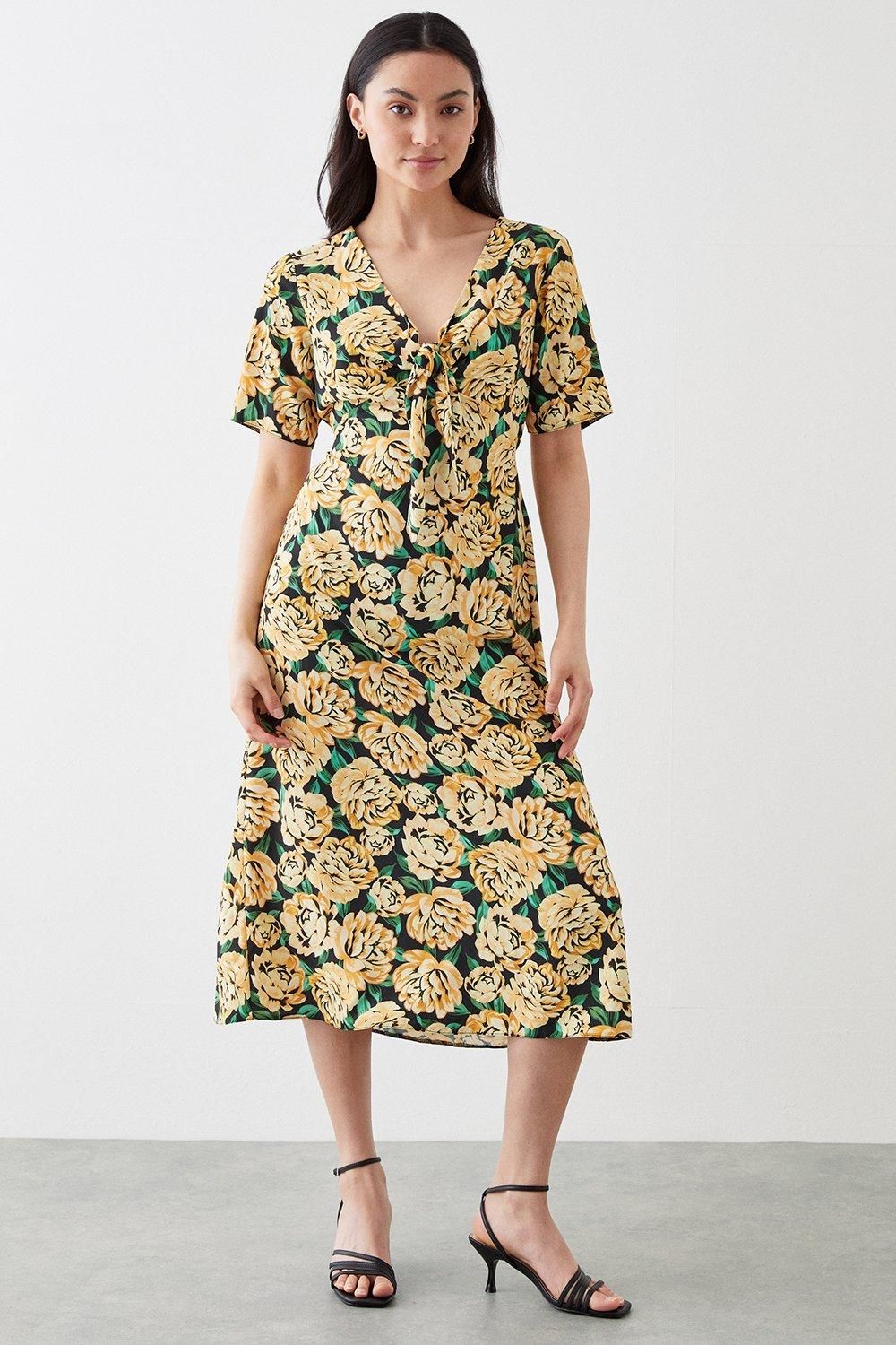 Dorothy Perkins Petite Yellow Floral Tie Front Midi Dress Yellow