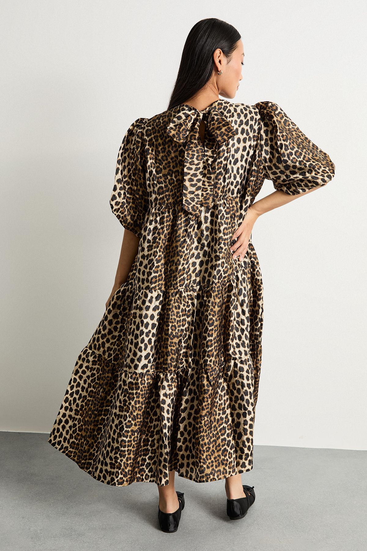 Warehouse Petite Animal Organza Puff Sleeve Midi Smock Dress Animal image 3