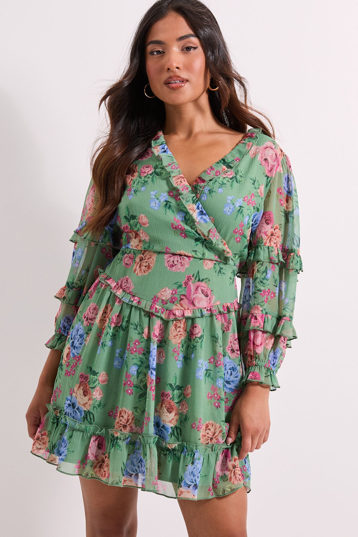 Dorothy Perkins Petite Green Floral Ruffle Trim Wrap Front Printed Mini Dress Floral image 2